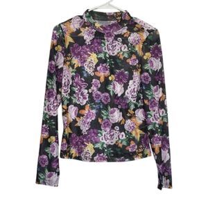 Shein Mesh Sheer Floral Mock Neck Top Womens 2XL Stretch Fairy Whimsygoth Y2k